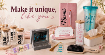 A selection of personalized gifts with names: cups, notebooks, a jewelry box and a hairbrush