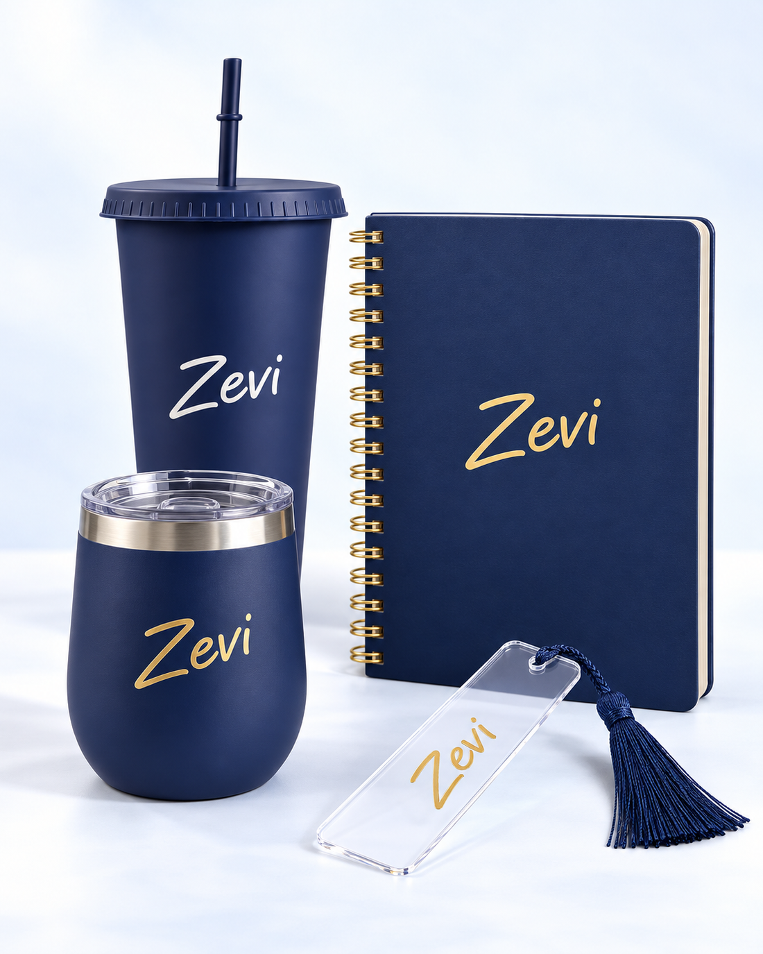 Personalized Navy Gift Set – Straw Cup, Insulated Tumbler, Notebook and Bookmark