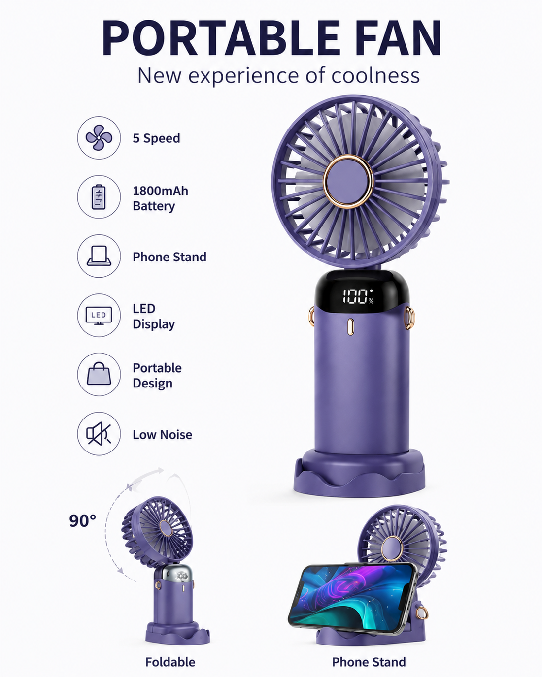 Rechargeable 3-in-1 Portable Fan with 5 Speeds and LED Display