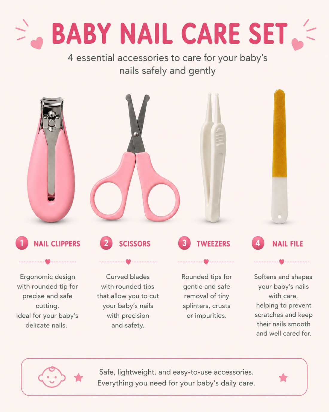 Baby Nail Care Set in Pink | Manicure Kit for Babies and Children with Scissors, Tweezers, and Safe Nail File