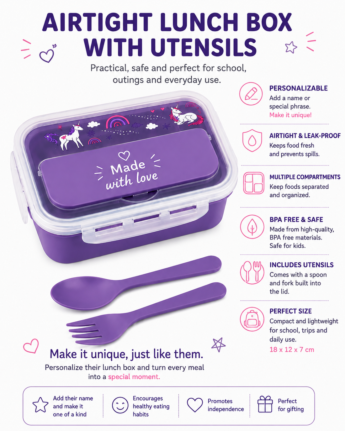 Kids' Personalized Lunch Box with Cutlery | Unicorn BPA-Free Lunch Box with Name – Purple