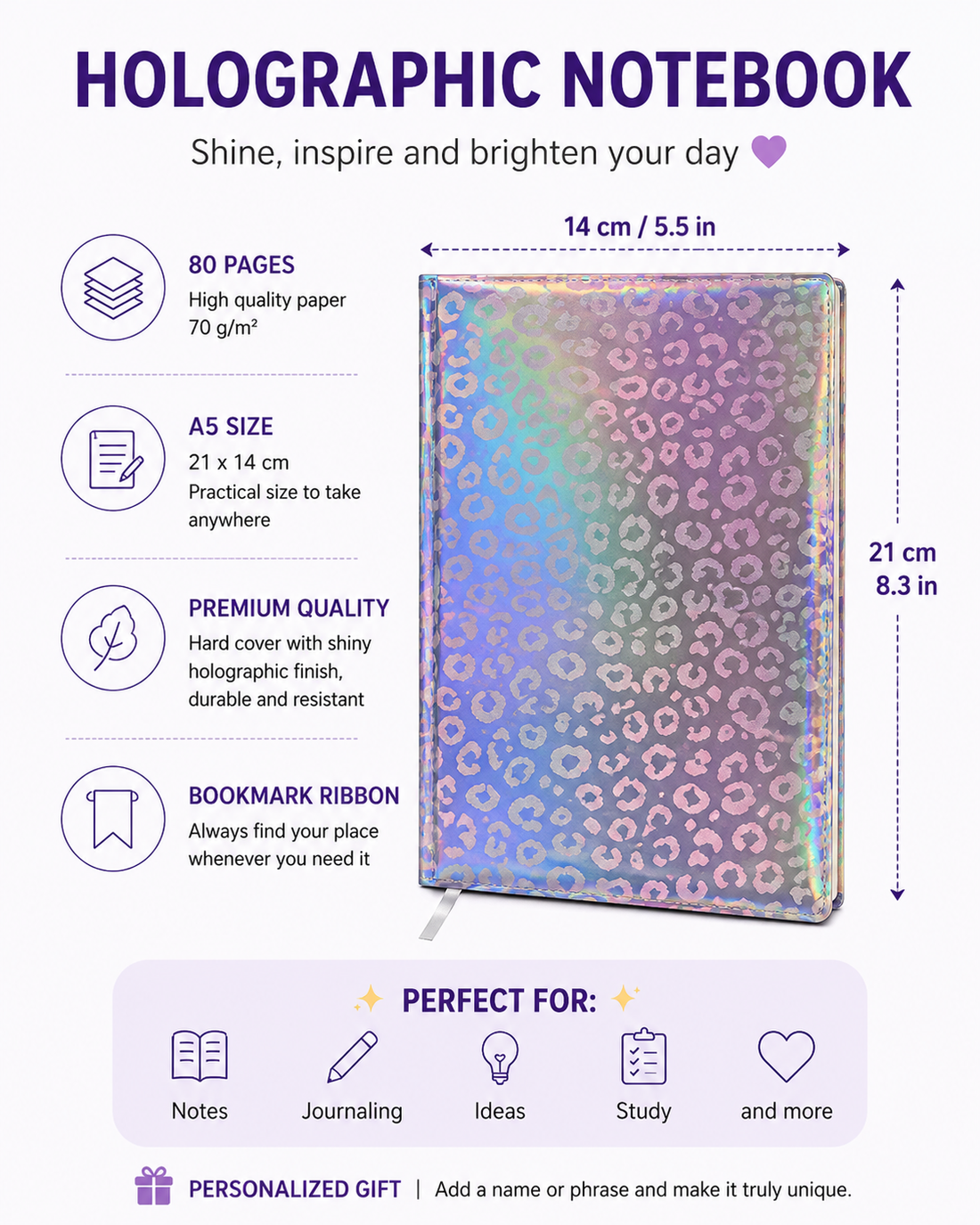 Personalized A5 Holographic Notebook | Shimmering Animal Print Notebook in Leopard Design