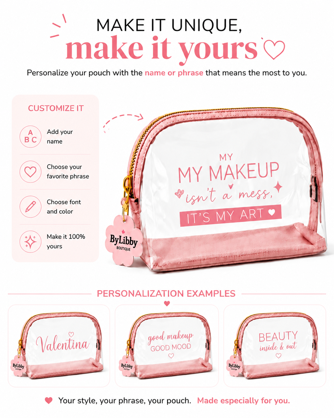 Personalized Clear Pouch with Pink Zipper – Add a name or phrase