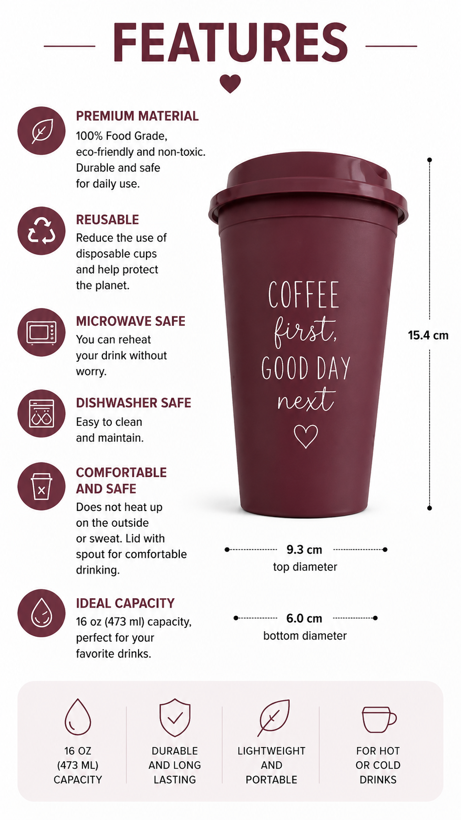 Customized Reusable Coffee Cup 473 ml – A Unique and Designed Gift | Burgundy