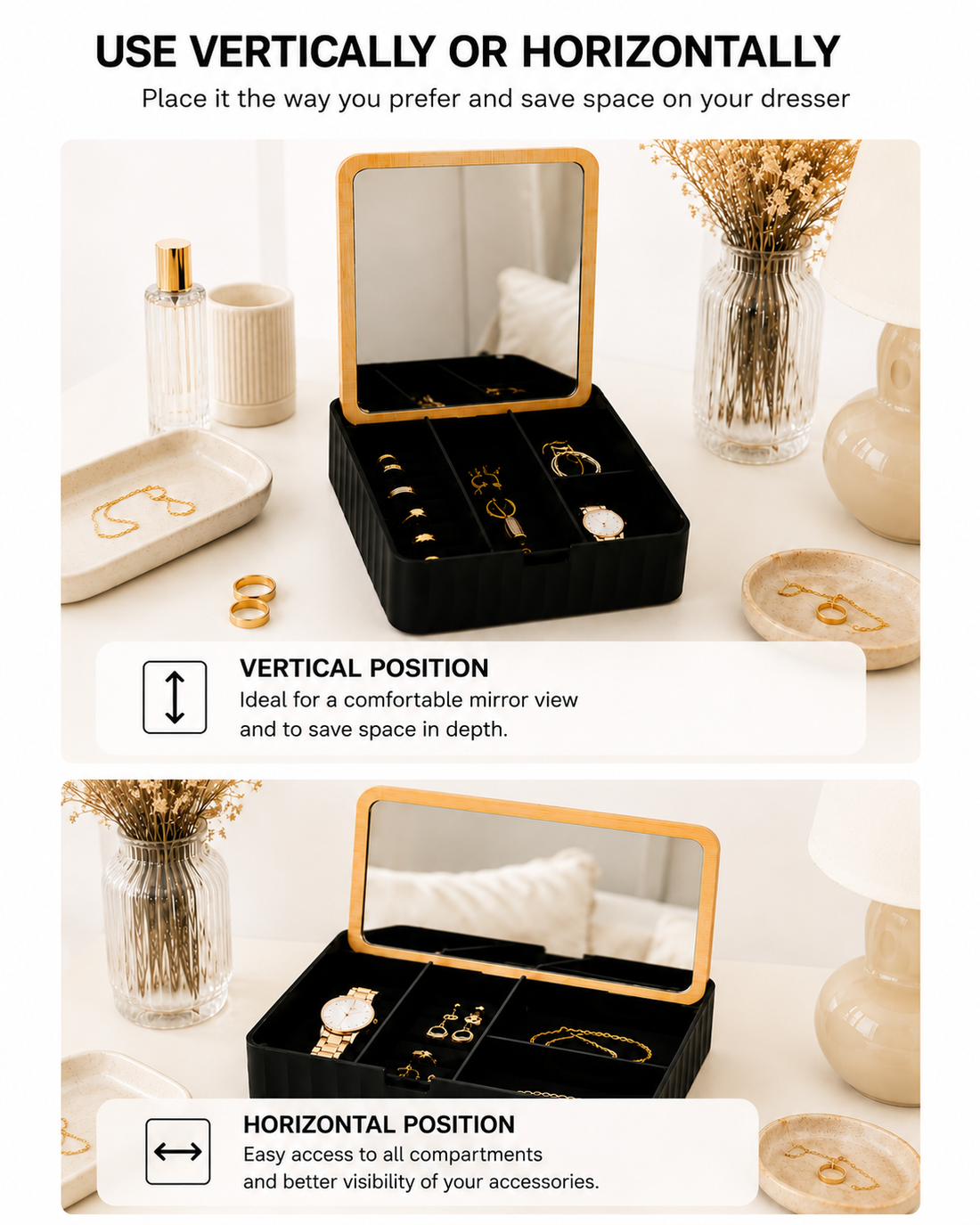 Black Customized Bamboo Lid and Mirror Jewelry Box | Jewelry, Ring, and Necklace Organizer