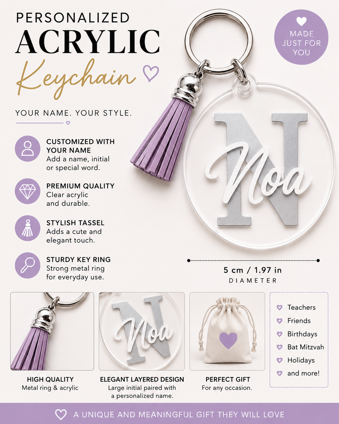 Personalized Acrylic Keychain with Large Letter and Name - Luxurious Layered Design