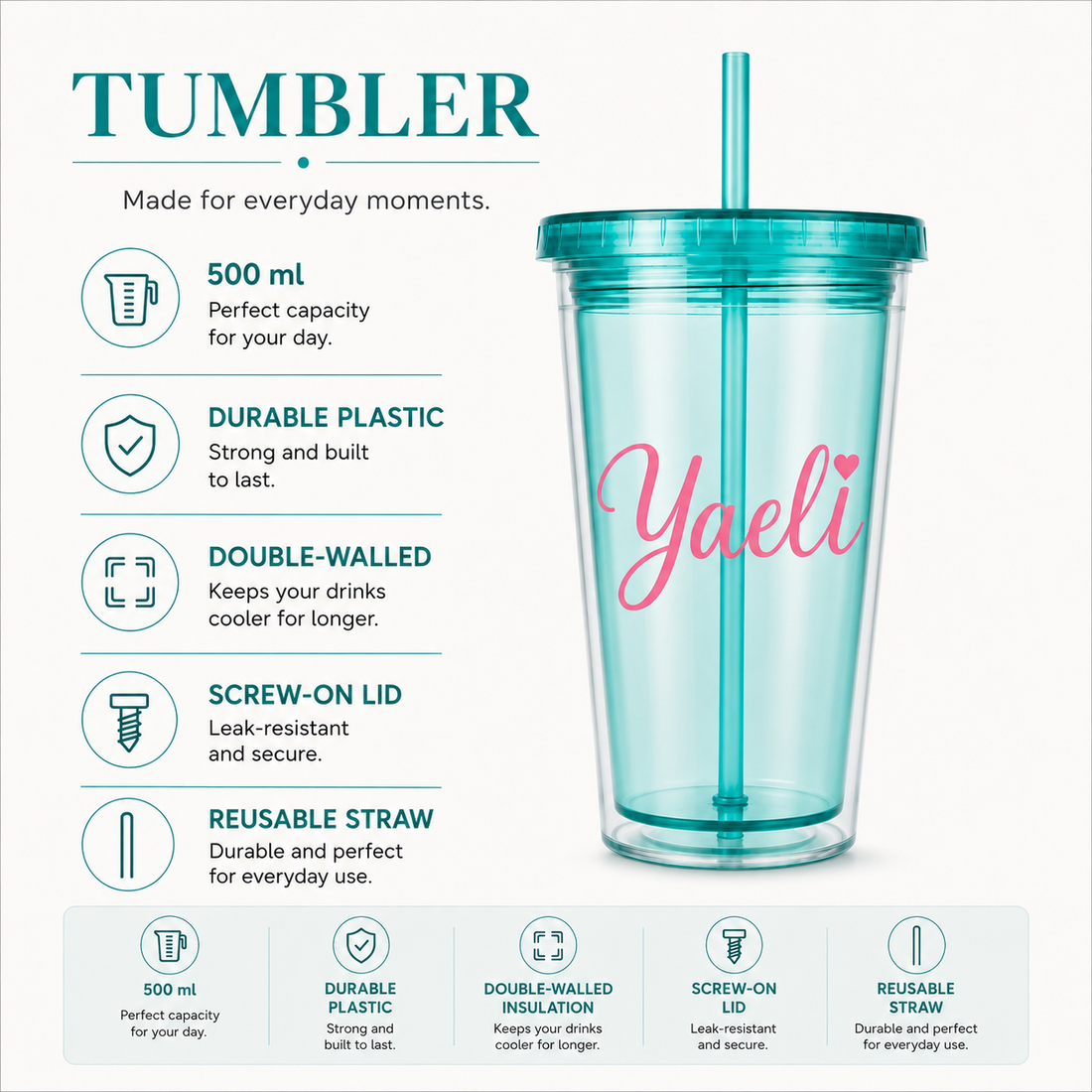 Reusable Plastic Tumbler 500 ml – with Custom Name or Phrase | Modern Design