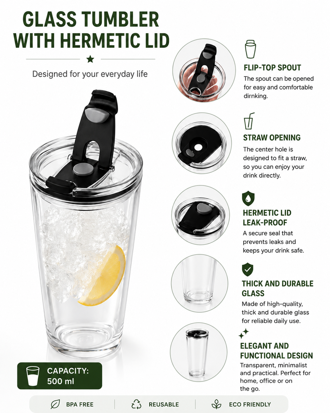 500ml glass cup with lid and drinking spout | Designer cup for iced coffee and smoothies