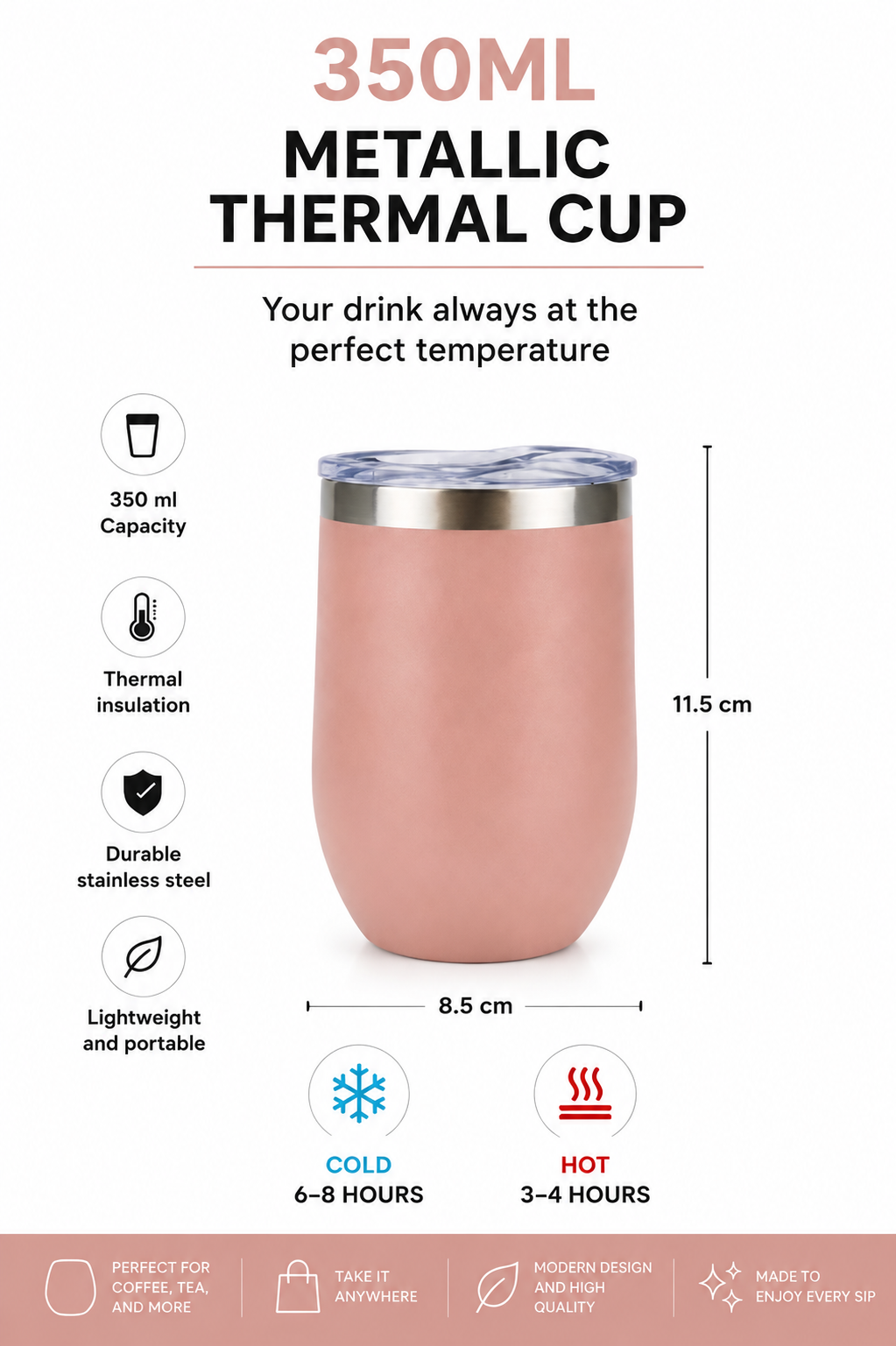350ml Metal Thermal Mug | Keeps Drinks Hot and Cold | Stainless Steel Mug with Lid