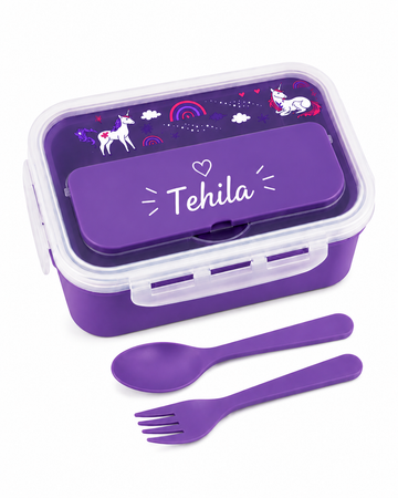 Kids' Personalized Lunch Box with Cutlery | Unicorn BPA-Free Lunch Box with Name – Purple