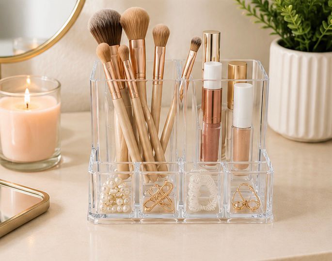 Acrylic Makeup Organizer and Brush Holder | Clear Cosmetic Display with Compartments