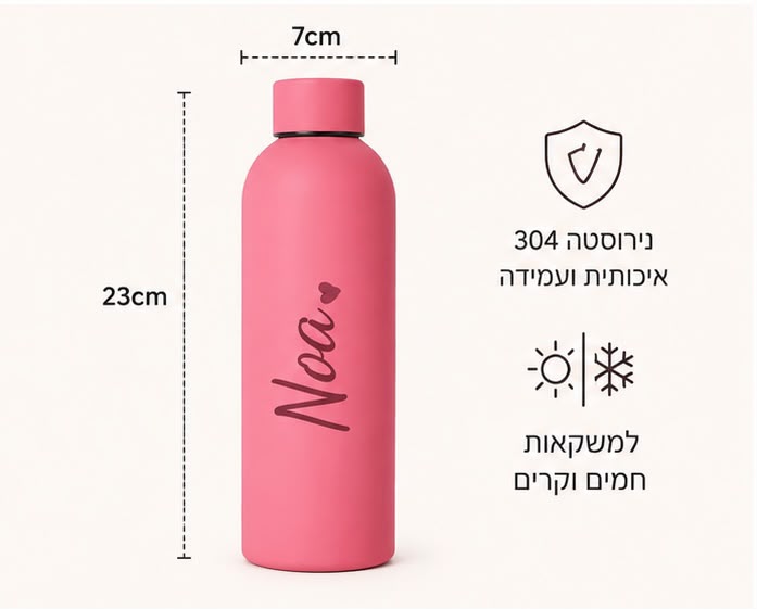 בקבוק תרמי מנירוסטה בהתאמה אישית עם שם בצבע אפור
