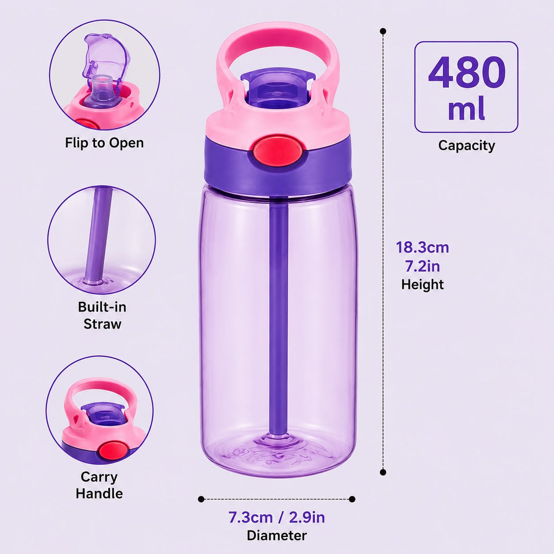 בקבוק שתייה לילדים 480 מ״ל עם שם בהתאמה אישית
