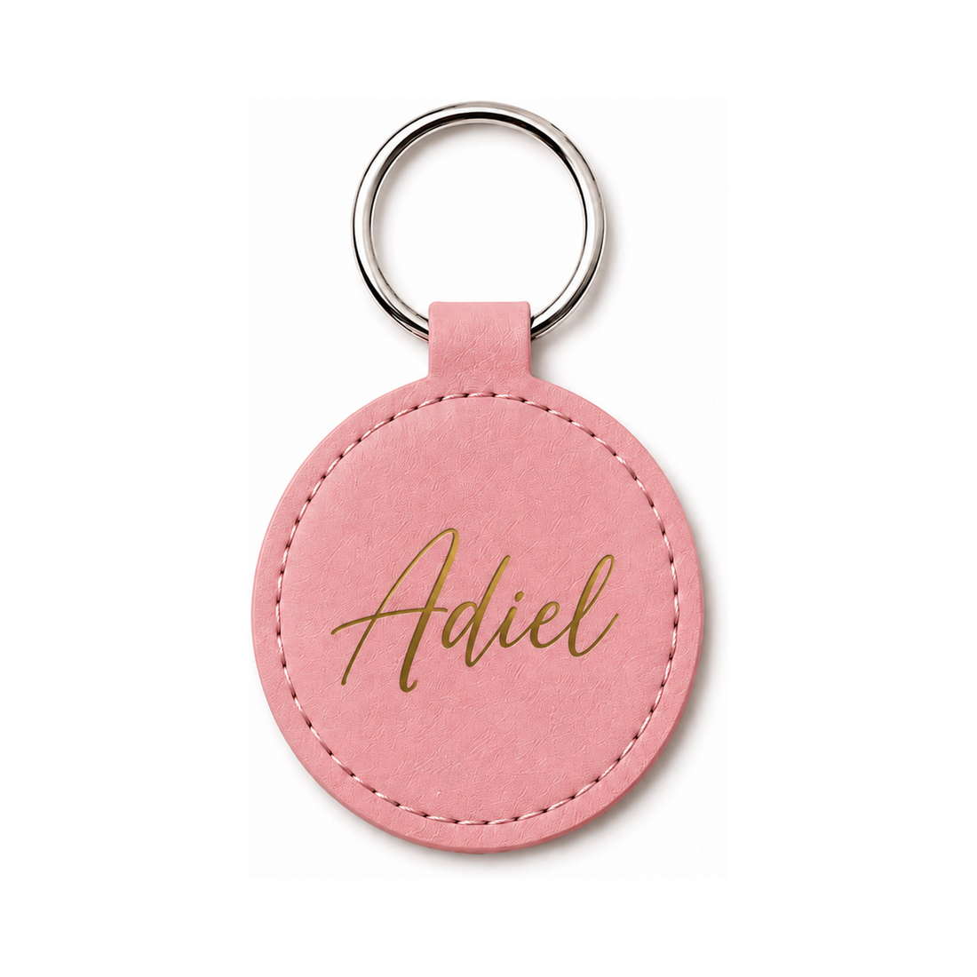 Personalized Round Faux Leather Keychain with Name in pink