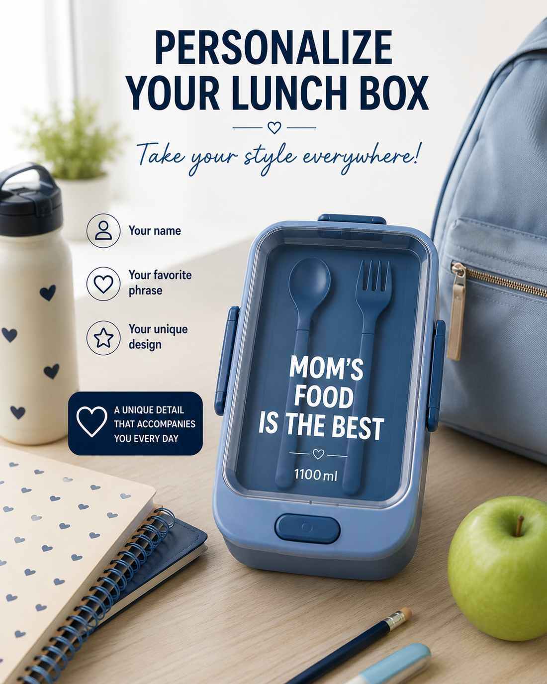 1100ml Personalized Lunch Box with Cutlery | Kids' Lunch Box with Internal Dividers