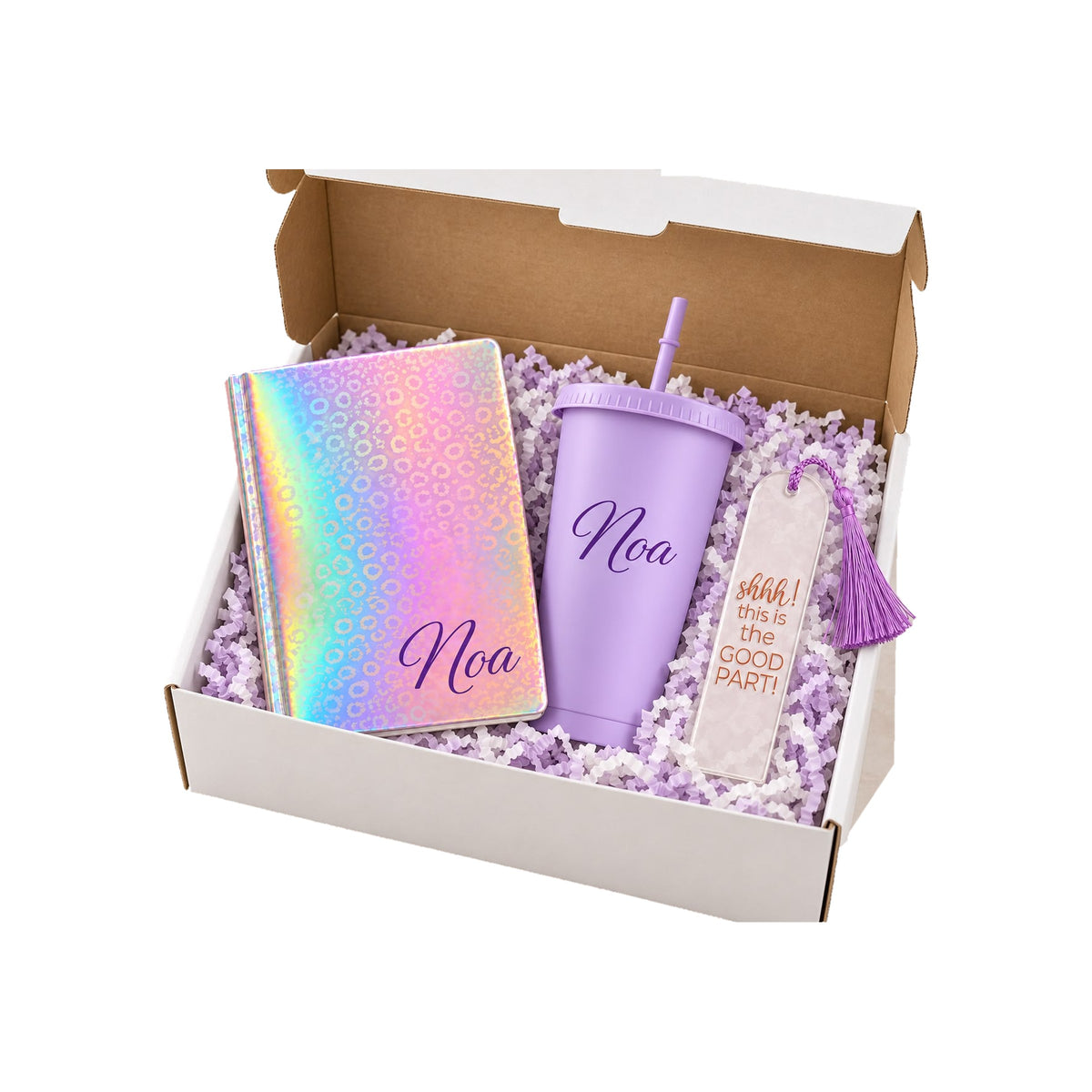 Personalized Purple Gift Set with Name – Holographic Notebook, Straw Cup and Acrylic Bookmark