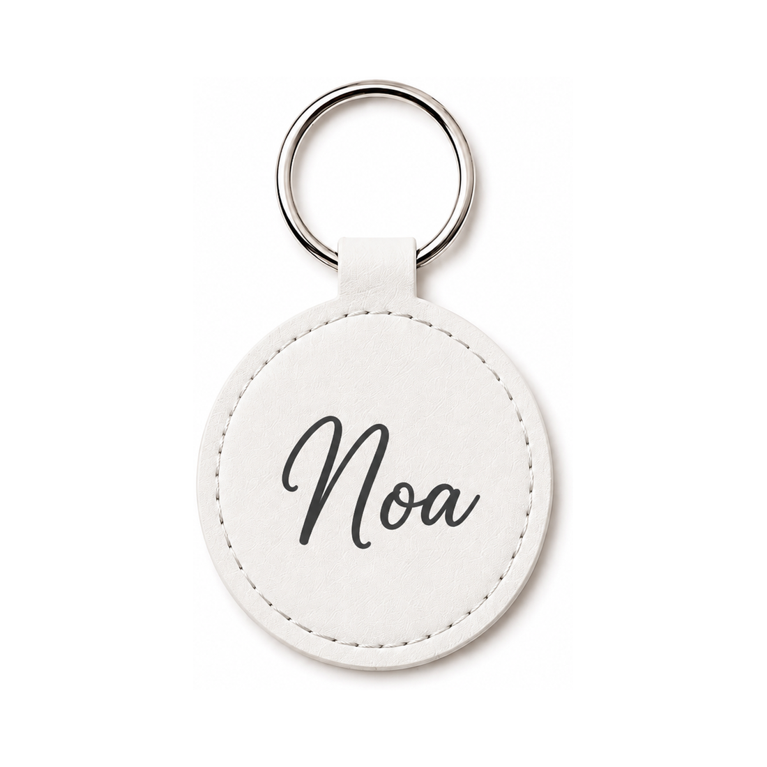 Personalized Round Faux Leather Keychain with Name in white
