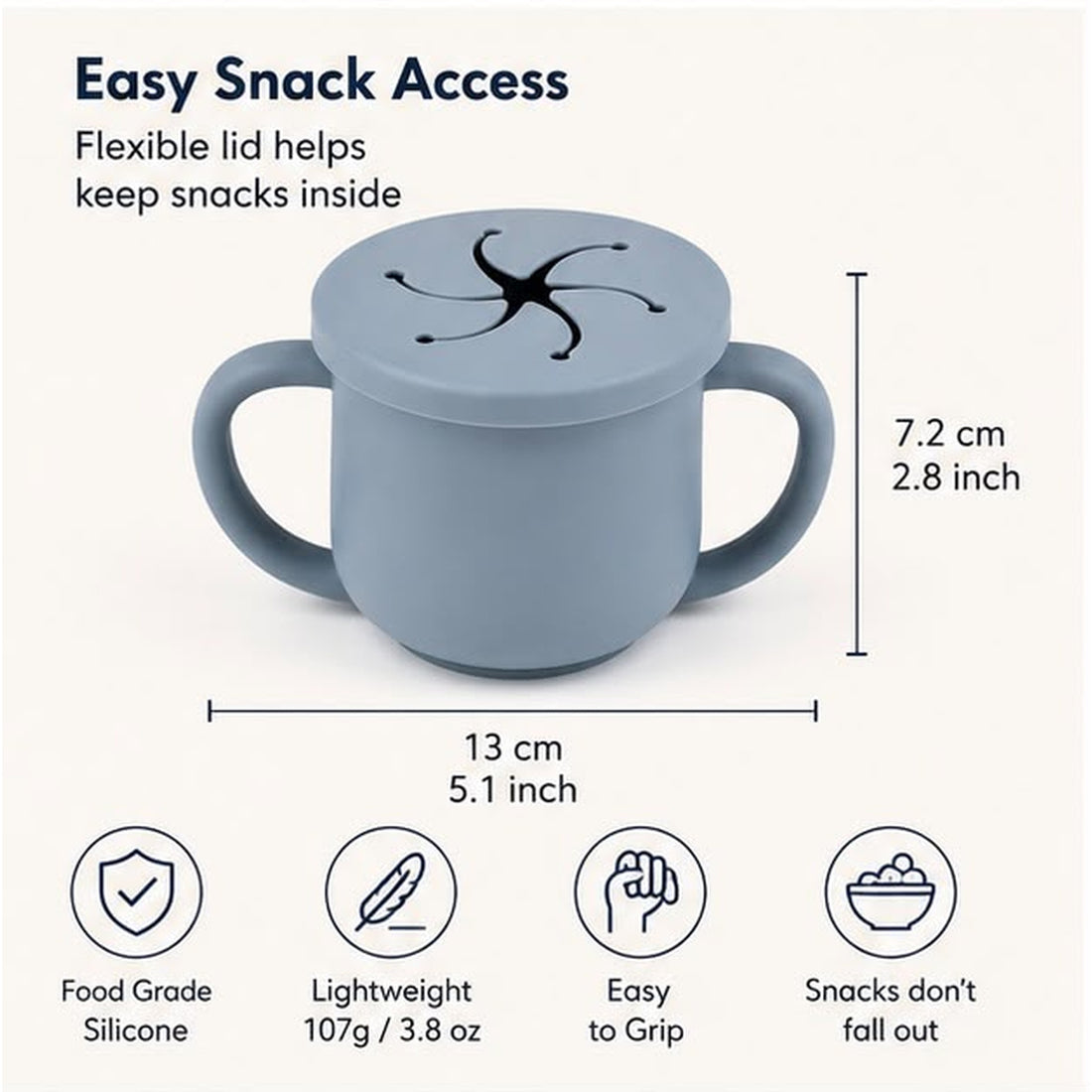 כוס חטיפים לתינוק מסיליקון בצבע Gray Blue בהתאמה אישית עם שם